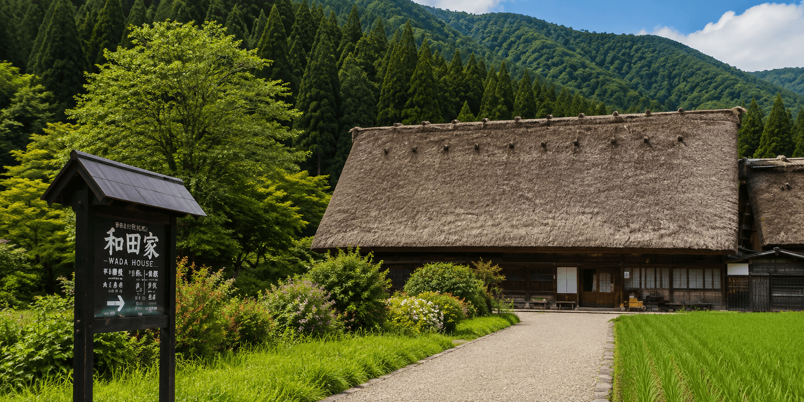 Exterior thatched gassho-zukuri roofline of Wada House in Ogimachi, Shirakawa-go, with the wooden Wada House entrance signboard visible at ground level